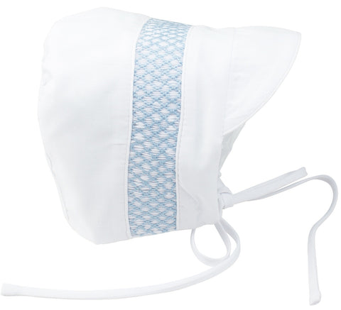 Feltman Brothers White Blue Boys Smocked Baby Bonnet Newborn 0 3 M