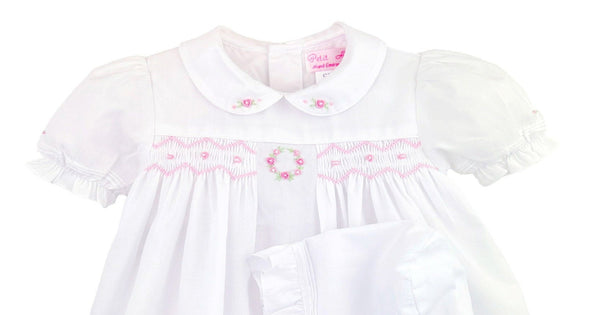 Petit Ami White & Pink Girls Smocked Dress with Bonnet & Bloomers Size Newborn 3 6 9 Months Newborn
