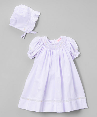 Petit Ami Girls Lavender Purple Voile Smocked Bishop Dress with Bonnet Preemie