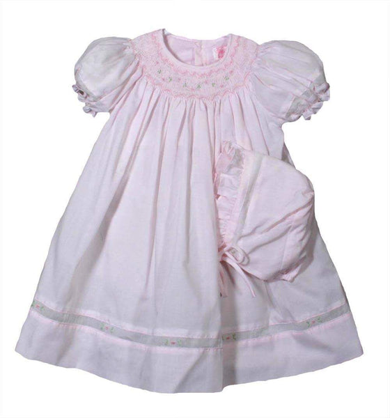 Petit Ami Baby Girls Pink Voile Smocked Bishop Dress with Bonnet