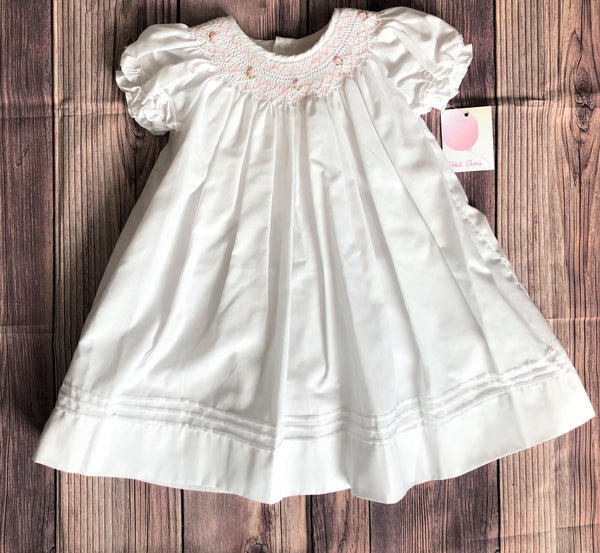 Petit Ami Baby Girls White & Pink Pearl Bishop Smocked Dress 3 6 9 12 – Classic Baby Boutique