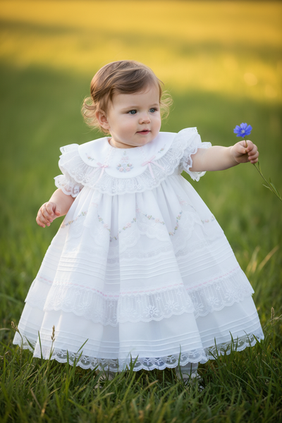 Will'beth Girls White Fancy Lace Heirloom Vintage 3 piece Dress Preemi –  Classic Baby Boutique