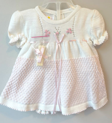 Baby Girls Ivory & Pink Knit Rose Dress Set with Bloomers Newborn
