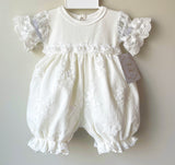 Haute Baby Girls Ivory White Pearls &  Lace Layette Romper Bubble Newborn