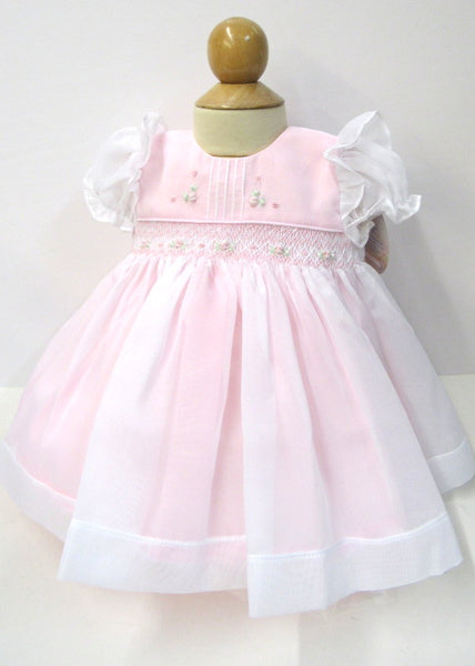 Will'beth Pink Sheer Overlay Smocked Dress Baby Girls Pearls Preemie Newborn 3 6 9 12 18 Months 12 Months