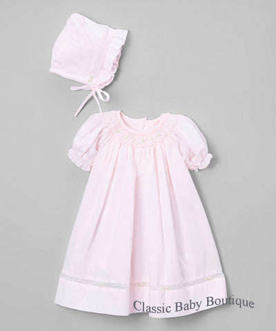 Petit Ami Baby Girls Pink Voile Smocked Bishop Dress with Bonnet Preemie Newborn