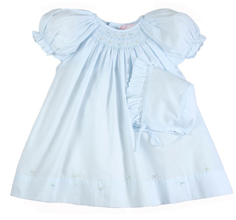 Petit Ami Girls Blue Smocked Daygown Bishop Dress & Bonnet Newborn