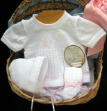 Will'beth Girls White Pink Butterfly Flower Knit Diaper 4pc Set Hat Booties Newborn & Preemie