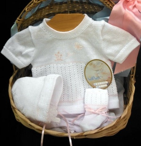 Will'beth Girls White Pink Butterfly Flower Knit Diaper 4pc Set Hat Booties Newborn & Preemie