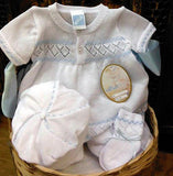 Will'beth Boys White Blue Knit Diamond Jon Romper Preemie Newborn 3 6 9 Months with Cap & Booties