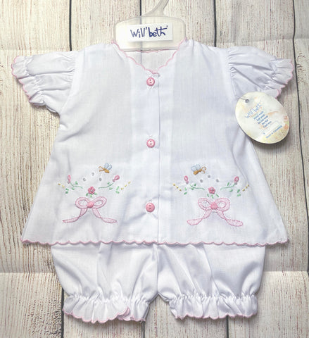 Will'beth Girls Butterfly Button Front Embroidered Bow Diaper Set Preemie & Newborn