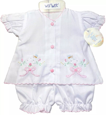 Will'beth Girls Butterfly Button Front Embroidered Bow Diaper Set Preemie Newborn