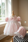 Will'beth Girls Pink Sheer Overlay Rose Smocked Dress with Bonnet Preemie Newborn 3 6 9 Months