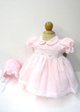 Will'beth Girls Pink Sheer Overlay Rose Smocked Dress with Bonnet Preemie Newborn 3 6 9 Months