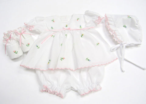 Will'beth White Baby Girls 4pc Diaper Set Bonnet & Booties Preemie & Newborn