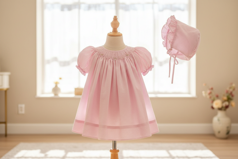 Petit Ami Girls Pink Gingham Smocked Bishop 3pc Dress Newborn with bloomers