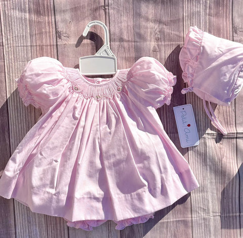 Petit Ami Girls Pink Gingham Smocked Bishop 3pc Dress Newborn with bloomers Petit Ami Girls Pink Gingham Smocked Bishop 3pc Dress Newborn with bloomers