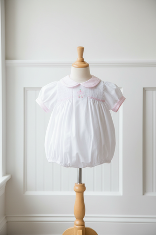Feltman Brothers Girls White Pink Bow Smocked Bubble Preemie