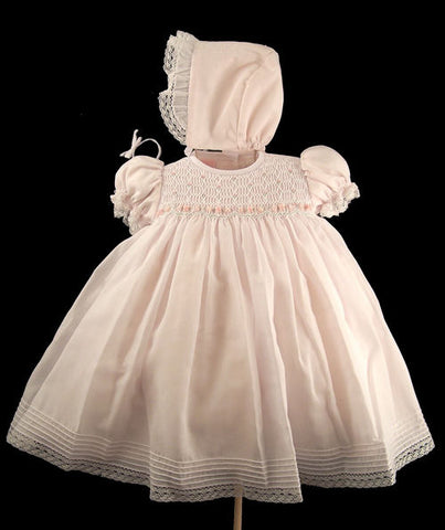 Will'beth Girls Pink Smocked Bodice Heirloom Dress with Bonnet Preemie Newborn