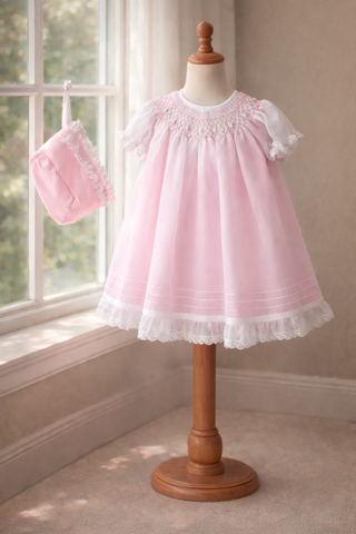 Will'beth Baby Girls White Sheer Overlay Rose Smocked Bishop Dress with Bonnet Preemie, Newborn 3 6 9 12 18 24 Months