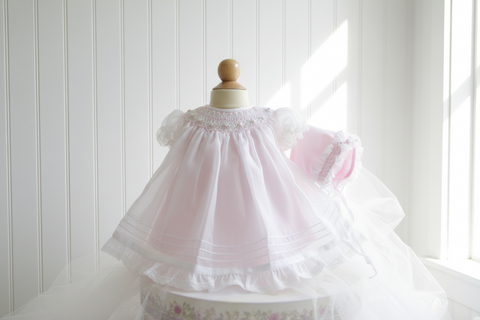 Will'beth Baby Girls White Sheer Overlay Rose Smocked Bishop Dress with Bonnet Preemie, Newborn 3 6 9 12 18 24 Months
