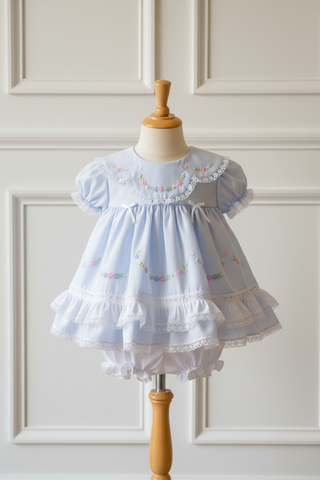 Will'beth Girls Blue Heirloom Lace 2pc Frilly Dress Newborn & Preemie