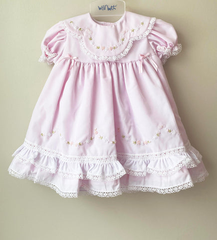 Will'beth Girls Pink Heirloom Lace 2pc Dress Bloomers Preemie Newborn 3 6 9 12 18 Months