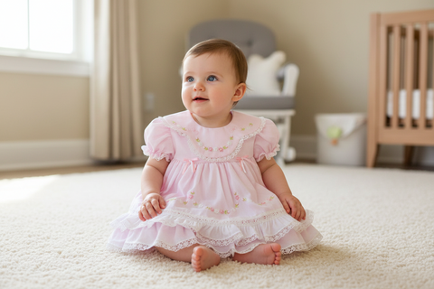pink dress 9 12 months Will'beth Pink Sheer Overlay Smocked Dress Baby Girls Pearls Preemie Newborn 3 6 9 12 18 Months