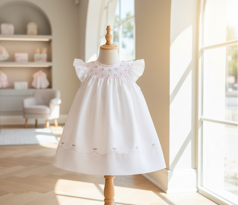 Feltman Brothers White Pink Hand Smocked Baby Girls Infant Bishop Dress 3 6 9 12 18 24 Months