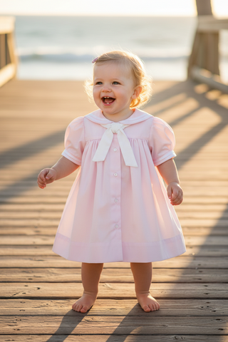 Petit Ami Pink Girls Sailor Nautical Classic Batiste Dress & Bloomers  3 6 9 Months