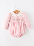 Fall Pink Smocked Baby Girls Bubble Romper Peter Pan Collar Floral Detail 3 6 9 12 18 24 Months