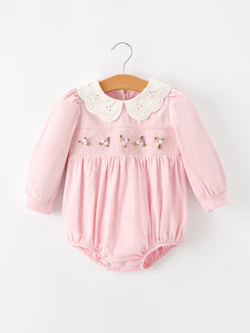 Fall Pink Smocked Baby Girls Bubble Romper Peter Pan Collar Floral Detail 3 6 9 12 18 24 Months