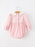 Fall Pink Smocked Baby Girls Bubble Romper Peter Pan Collar Floral Detail 3 6 9 12 18 24 Months