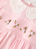 Fall Pink Smocked Baby Girls Bubble Romper Peter Pan Collar Floral Detail 3 6 9 12 18 24 Months