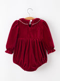 Christmas Velvet Smocked Baby Bubble Romper with Pearl Detail