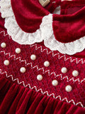 Christmas Burgundy Velvet Baby Girl Smocked Pearl Romper