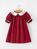 Christmas Holly Embroidered Girls Dress Petals Collar Puff Sleeve