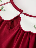 Christmas Holly Embroidered Girls Dress Petals Collar Puff Sleeve