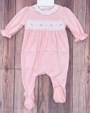 Magnolia Baby Girls Pink Soft Pima Cotton Smocked Bow Preemie Newborn 3 6 9 Months Footed Romper