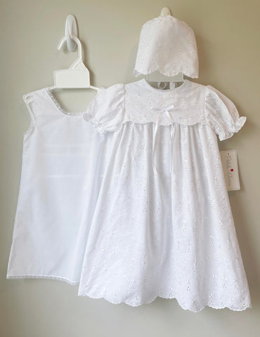Petit Ami White Eyelet Christening Gown with Slip Bonnet Months