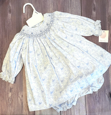 Petit Ami Baby Girls Blue Floral Lace Smocked Bishop Dress with Bloomers in 3 6 9 Months