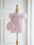 Petit Ami Girls Pink Smocked Bubble Romper 3 6 9 Months with Bonnet