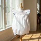 Petit Ami Baby Girls White & Blue Smocked Bubble Romper 3 6 9 Months
