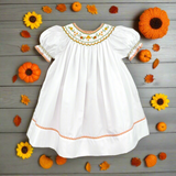 Petit Ami Girls Smocked Bishop Fall Orange Sunflower Dress in 3, 6, 9, 12, 18, 24 Months