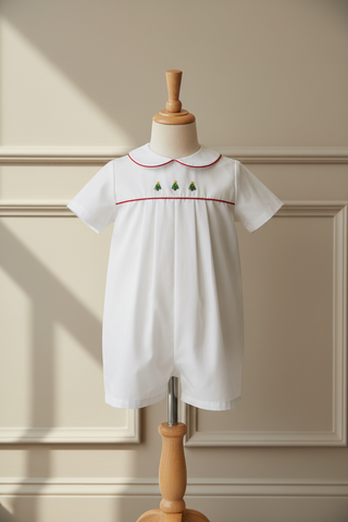 Petit Ami Boys White & Red Christmas Tree Jon Jon Romper 3 6 9 Months