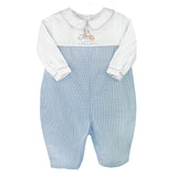 Petit Ami Boys Blue & White Gingham Noah's Ark Longall Romper 3 6 9 Months