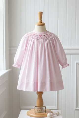 Petit Ami Girls Pink Heart Long Sleeve Smocked Bishop Dress 3 6 9 12 18 24 Months 2T 3T 4T