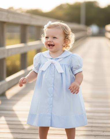 Petit Ami Blue Girls Sailor Nautical Classic Batiste Dress & Bloomers  12 18 24 Months