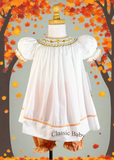 Petit Ami Girls Smocked Bishop Fall Orange Sunflower Dress in 3, 6, 9, 12, 18, 24 Months