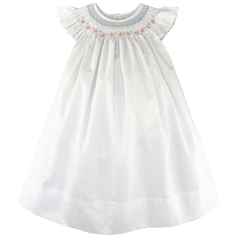 Petit Ami Girls White & Blue Dot Smocked Bishop Toddler Dress 2T 3T 4T